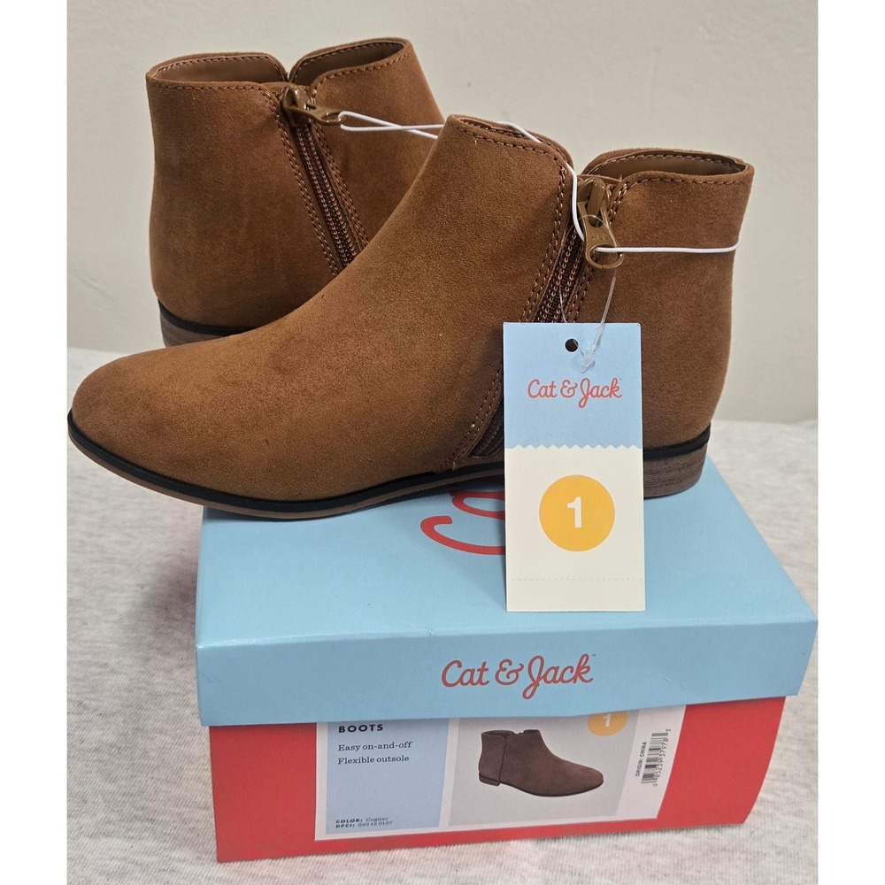 Cat & Jack Girls Opal Cognac Faux Suede Ankle Boots Size 1 NIB